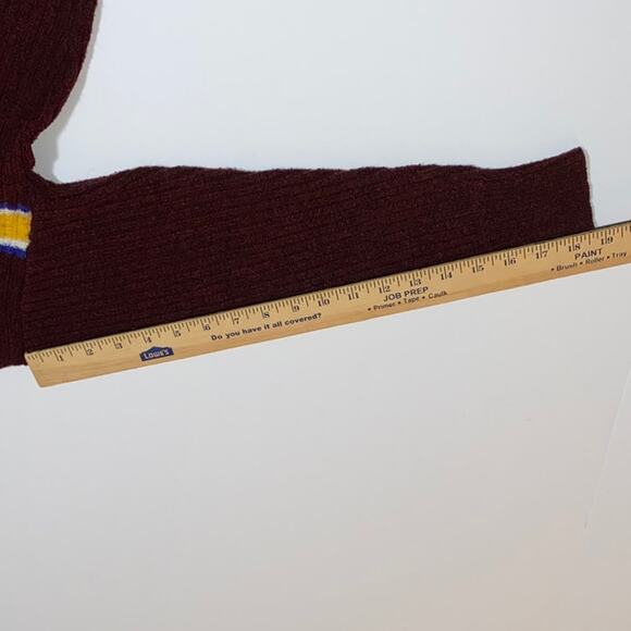 Varsity Striped Crop Sweater Preppy Size M Burgundy Yellow Blue School Pullover - Picture 8 of 10